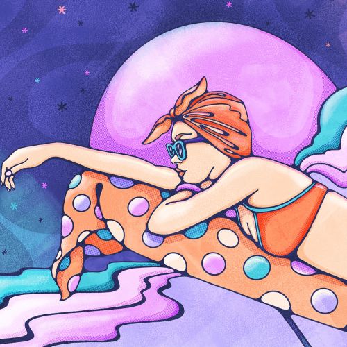 Woman in orange swimsuit on polka dot float with purple sky by Lively Scout