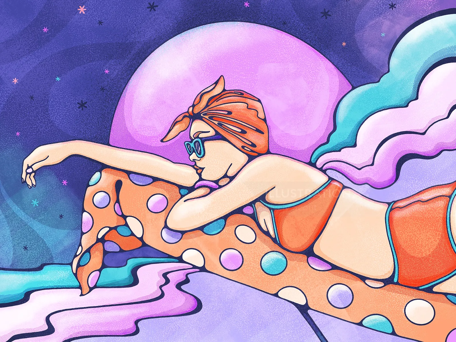 Woman in orange swimsuit on polka dot float with purple sky by Lively Scout