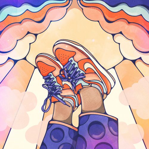 Illustration of sneakers against colorful sky by Lively Scout