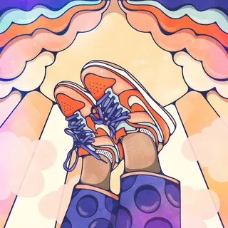 Illustration of sneakers against colorful sky by Lively Scout