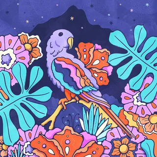 Colorful parrot perched on branch with tropical flowers and leaves by Lively Scout