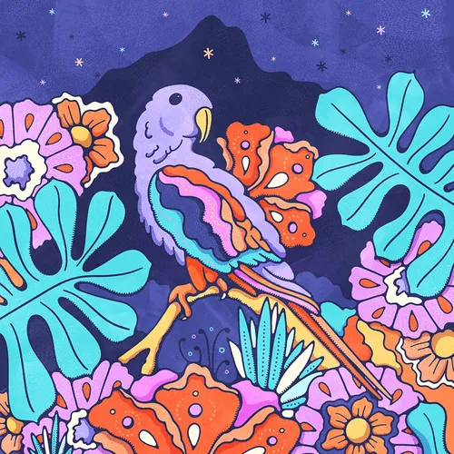 Colorful parrot perched on branch with tropical flowers and leaves by Lively Scout