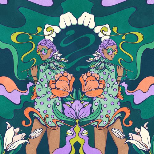 Psychedelic twin figures with flowers and swirling patterns by Lively Scout