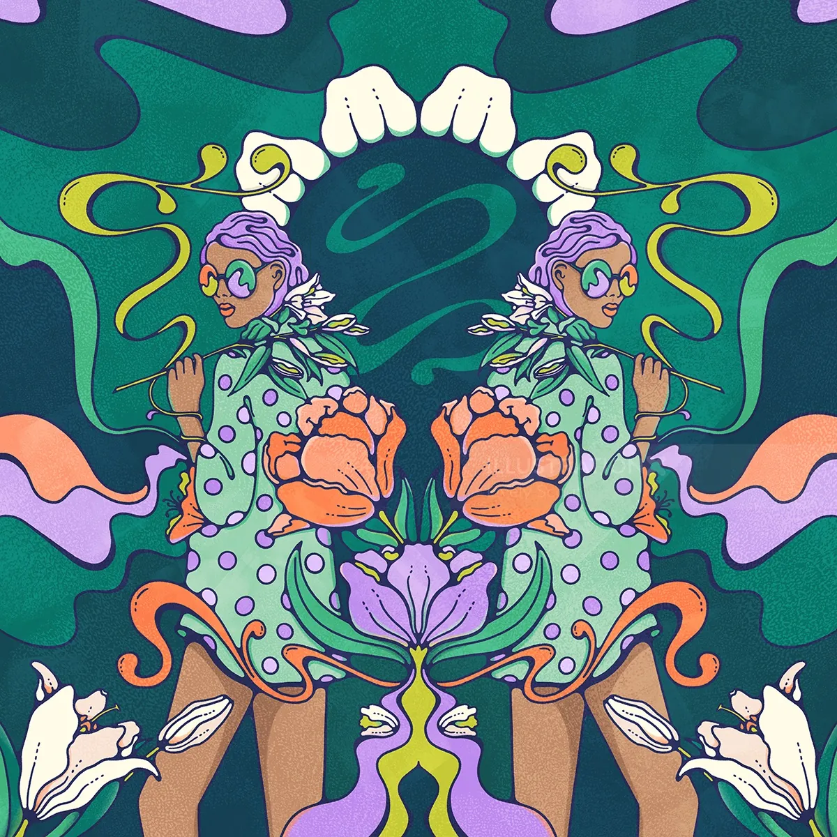 Psychedelic twin figures with flowers and swirling patterns by Lively Scout
