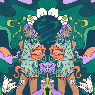 Psychedelic twin figures with flowers and swirling patterns by Lively Scout