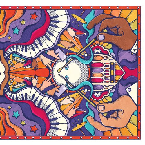 Abstract vibrant artwork with hands and musical instruments