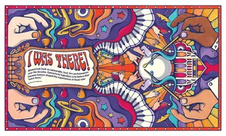 Abstract vibrant artwork with hands and musical instruments