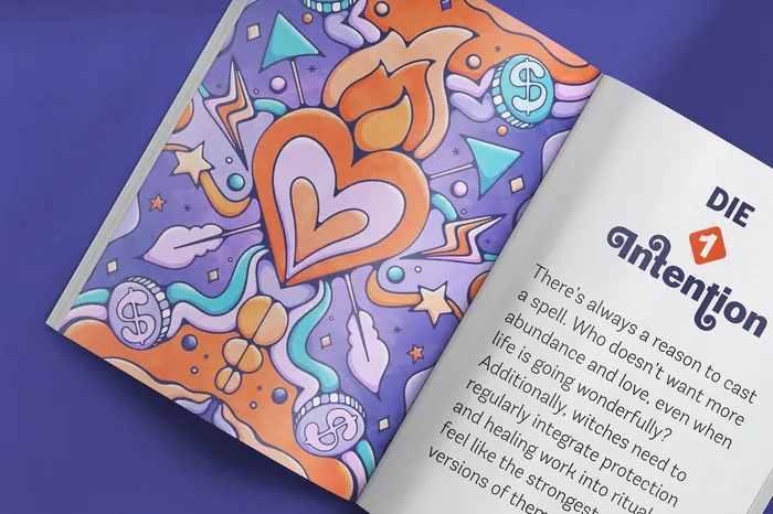 Abstract colorful illustration with hearts, arrows, stars, and geometric shapes on paper.