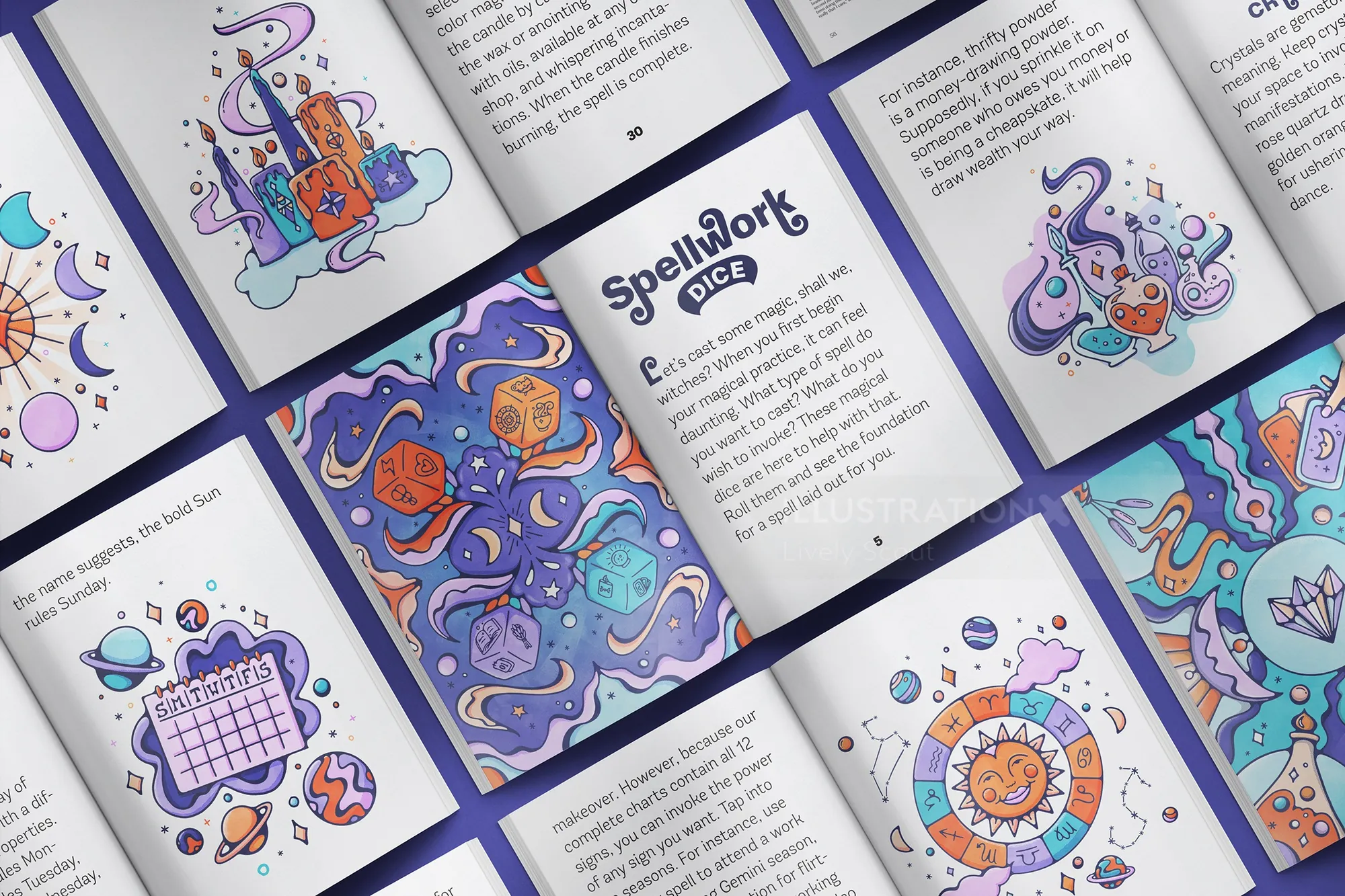 Illustrated tarot and oracle cards with mystical symbols and artwork.