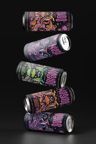 Four colorful energy drink cans with psychedelic artwork floating on black background