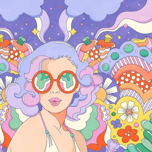 Woman with purple hair and red glasses in colorful psychedelic background
