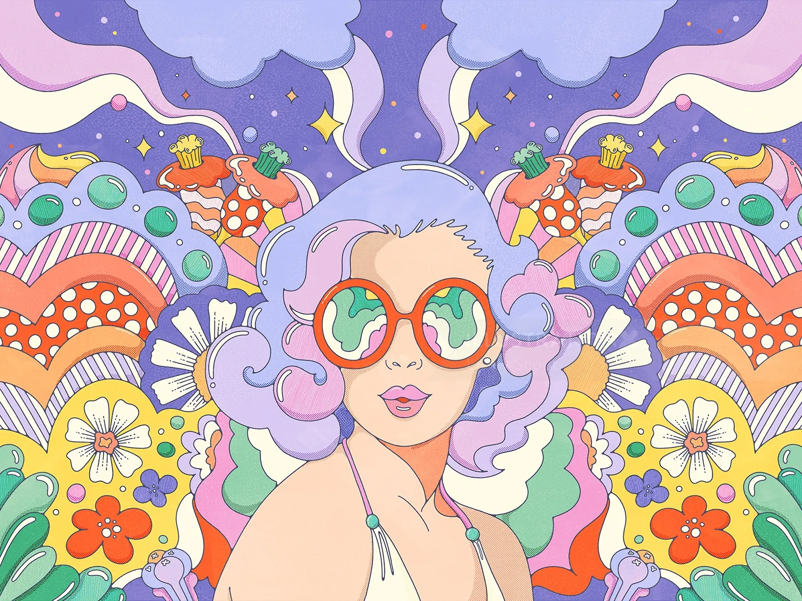 Woman with purple hair and red glasses in colorful psychedelic background