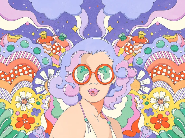 Woman with purple hair and red glasses in colorful psychedelic background
