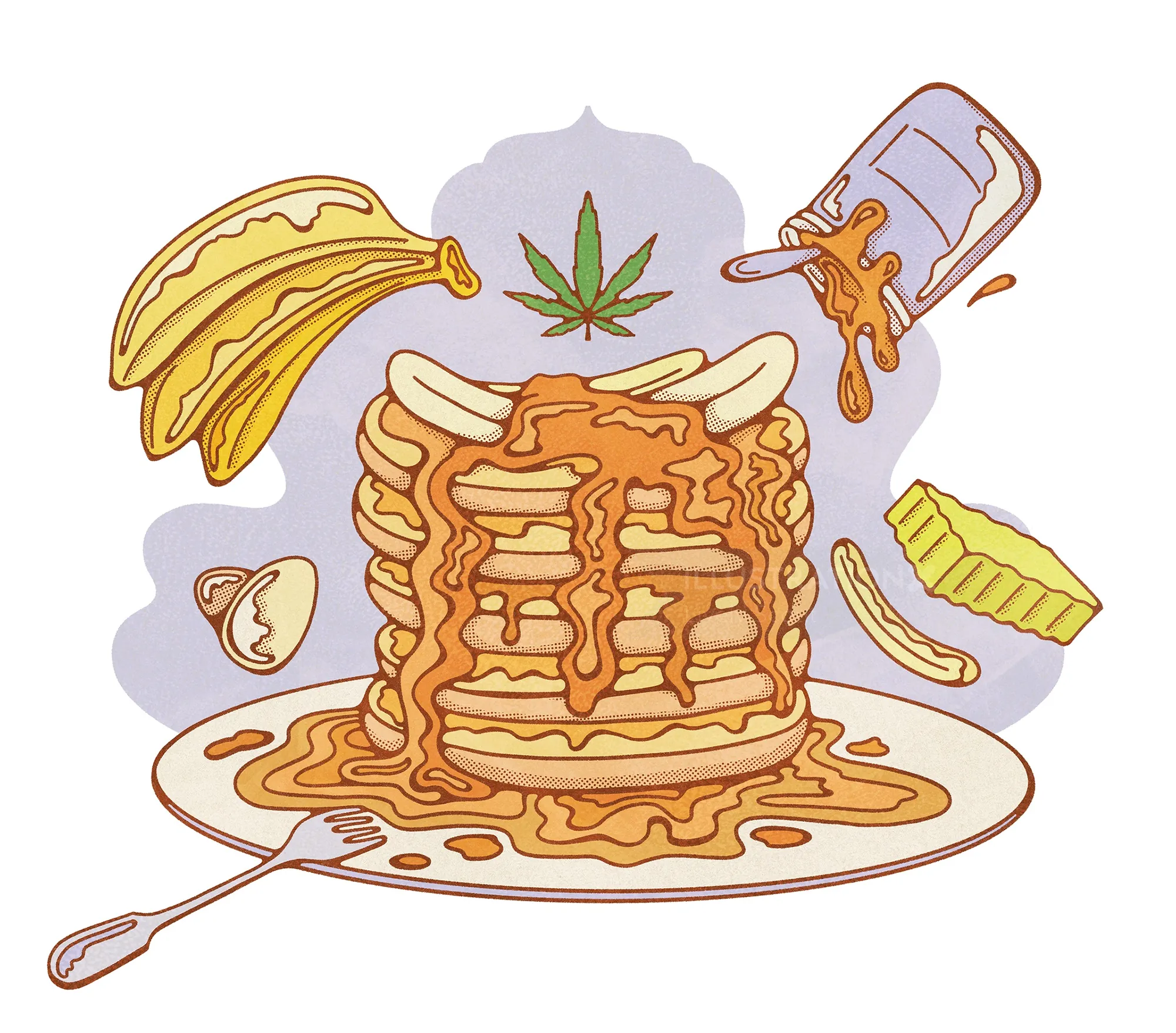 Pancakes with syrup, bananas, and cannabis leaf illustration