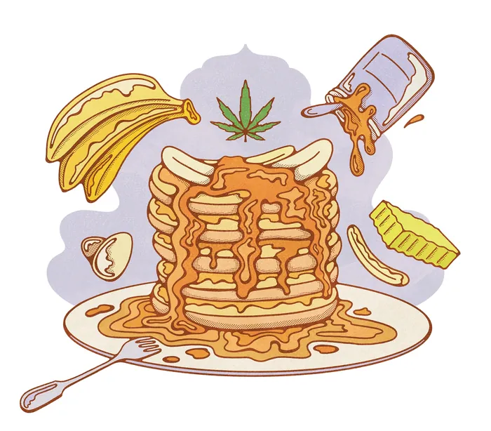 Pancakes with syrup, bananas, and cannabis leaf illustration