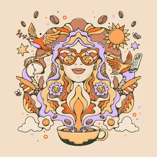 Psychedelic woman with colorful sunglasses, birds, sun, and coffee cup