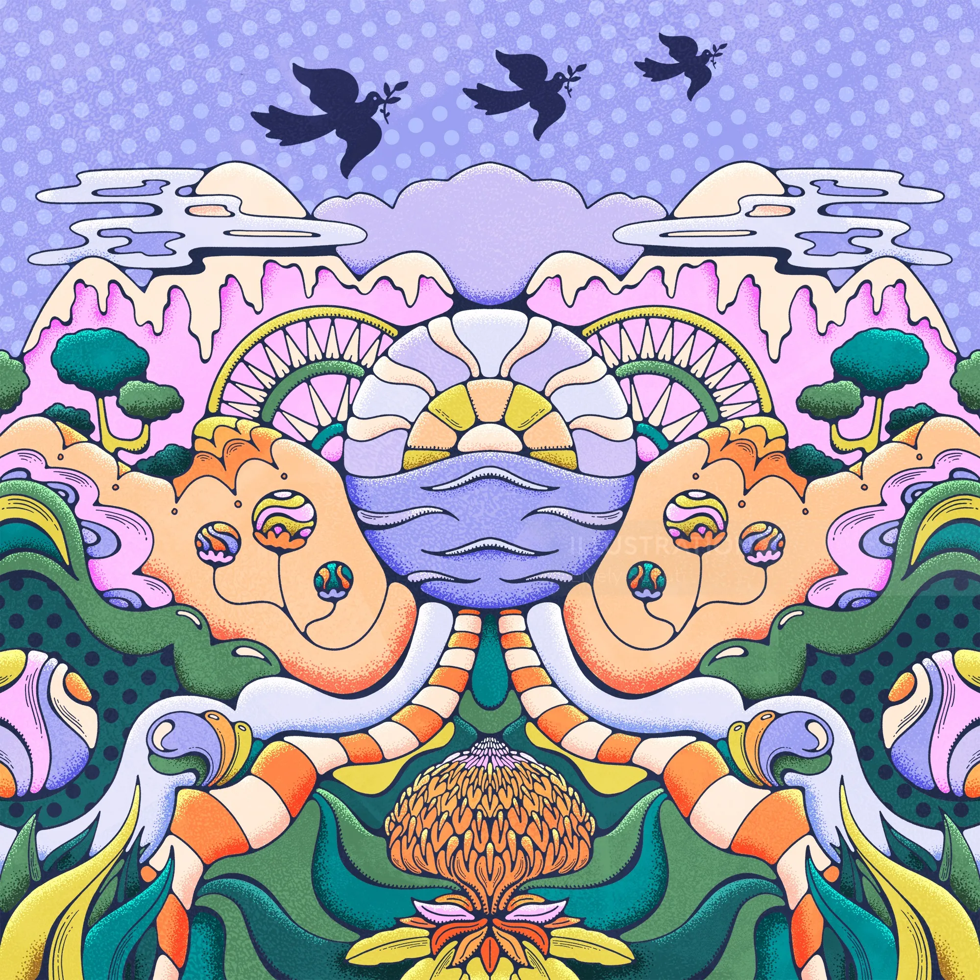 Surreal colorful landscape with birds flying and abstract floral elements
