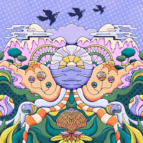Surreal colorful landscape with birds flying and abstract floral elements