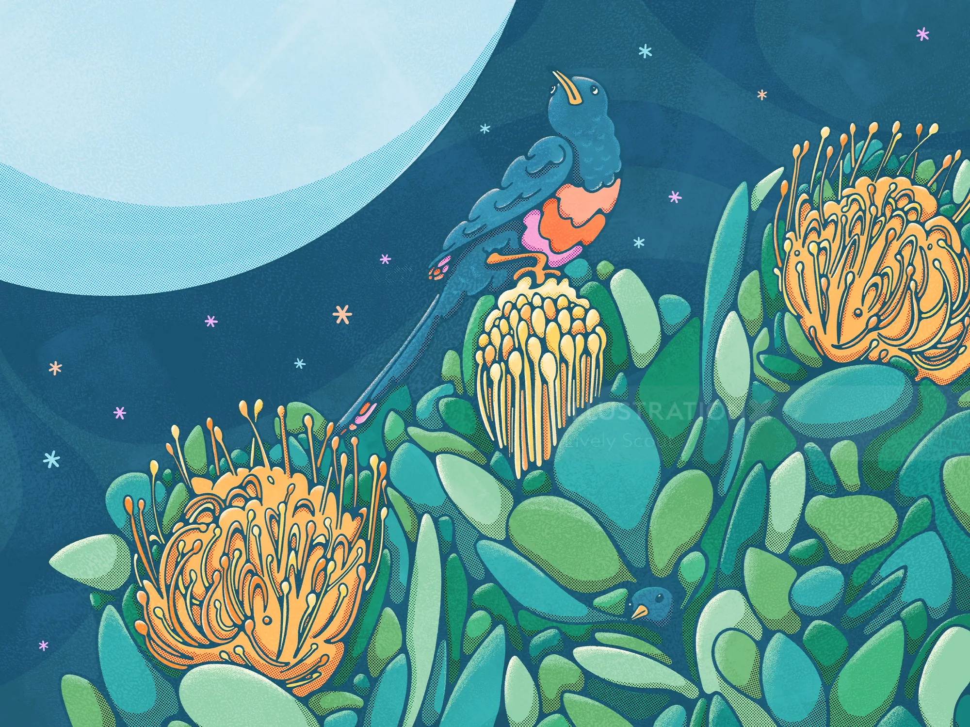 Bird perched on flowers under a bright moon by Lively Scout