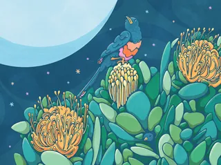 Bird singing on colorful flowers at night under a large glowing moon