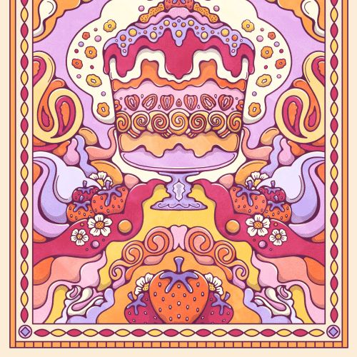 Psychedelic art with decorated cake and strawberries in vibrant colors