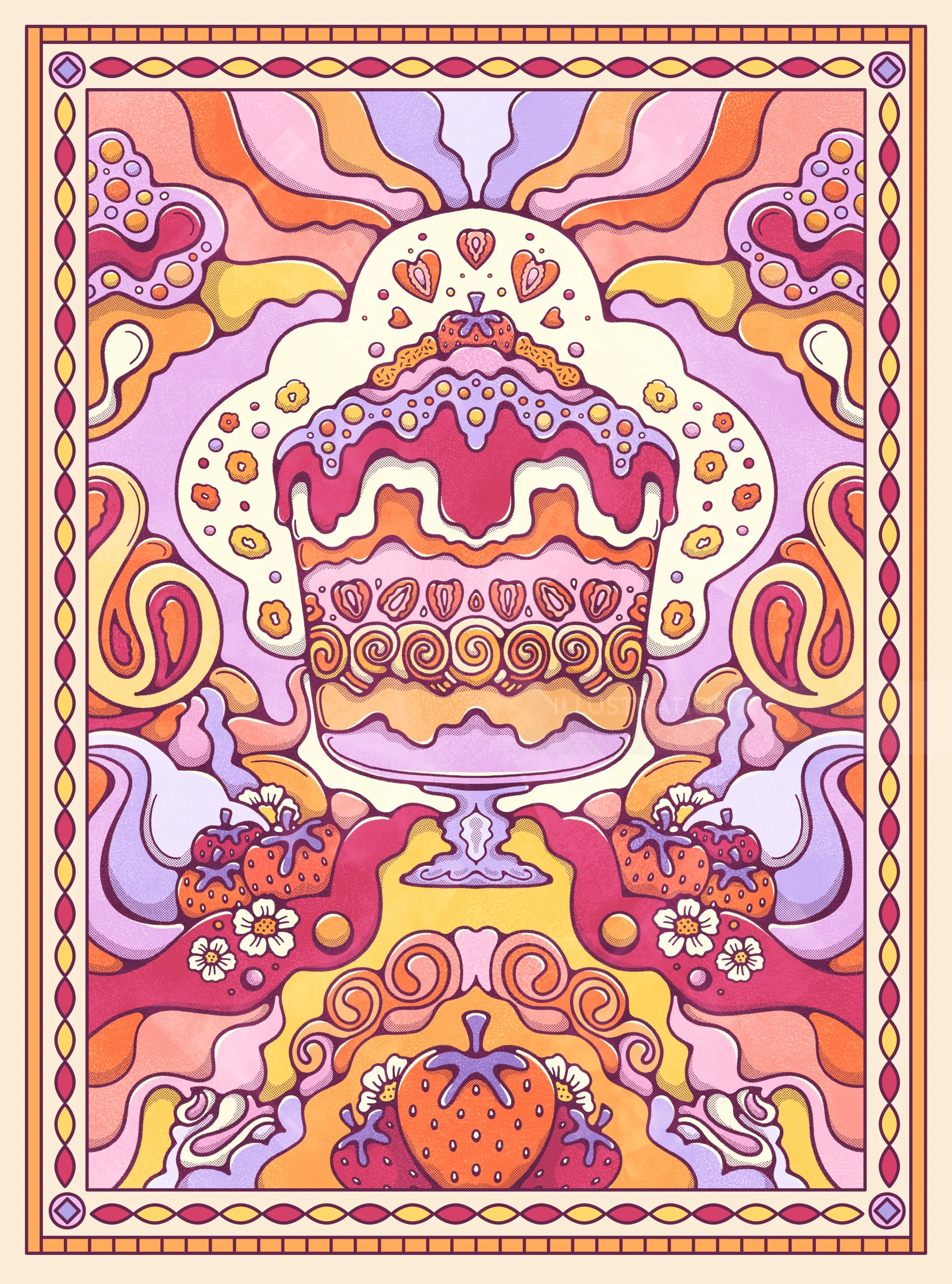 Psychedelic art with decorated cake and strawberries in vibrant colors