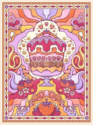 Psychedelic art with decorated cake and strawberries in vibrant colors