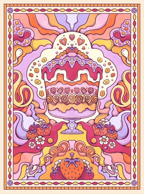 Psychedelic art with decorated cake and strawberries in vibrant colors