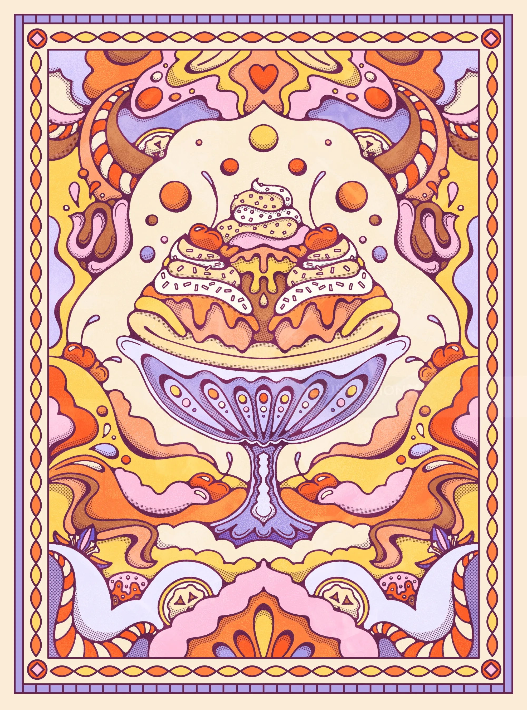 Colorful psychedelic ice cream sundae with vibrant abstract swirls