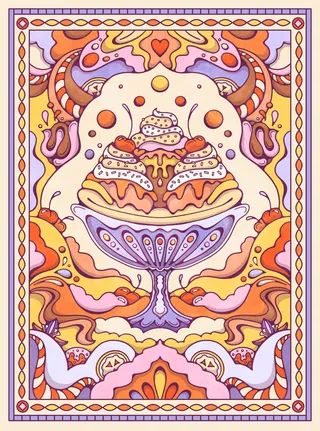 Colorful psychedelic ice cream sundae with vibrant abstract swirls