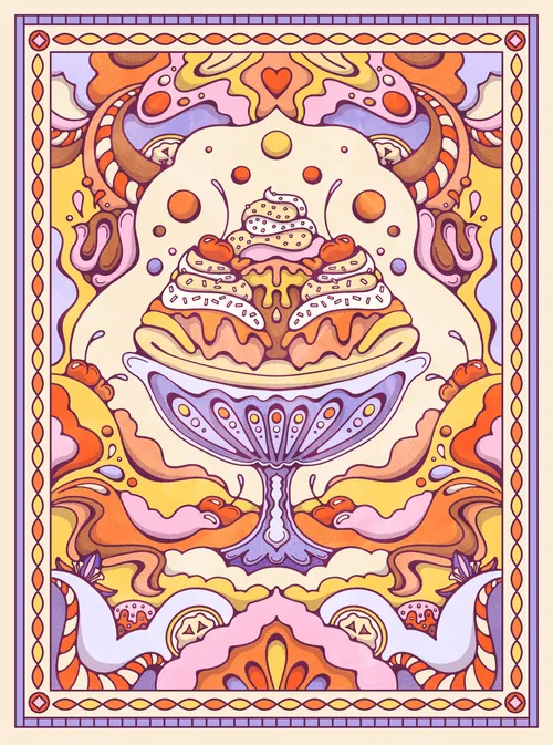 Colorful psychedelic ice cream sundae with vibrant abstract swirls