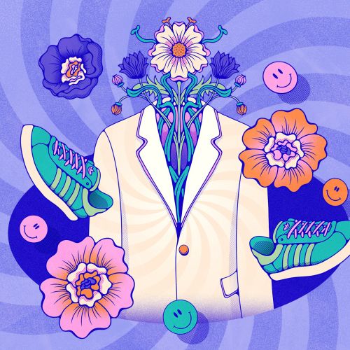 Suit filled with flowers and floating sneakers with smiley faces