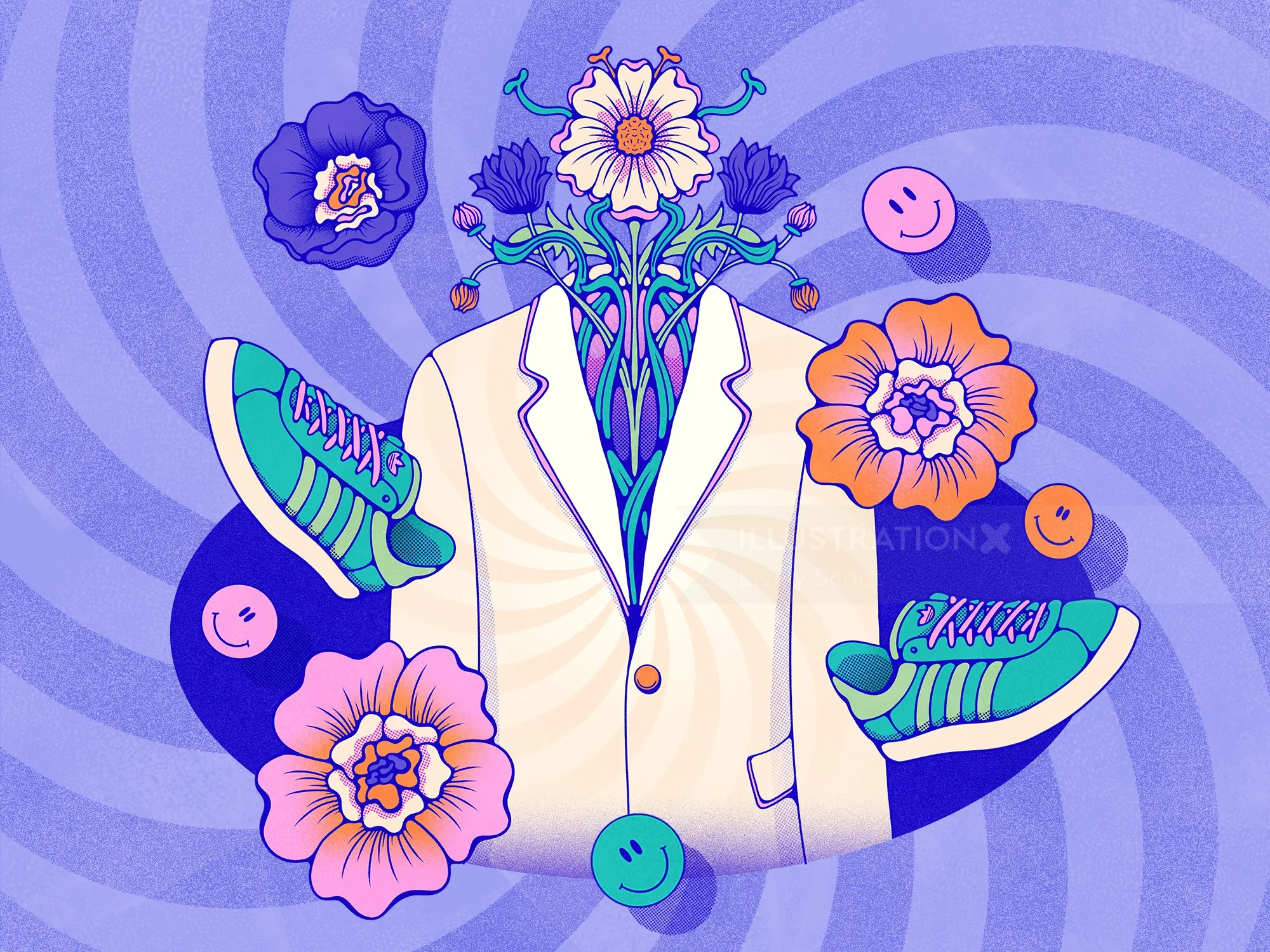 Suit filled with flowers and floating sneakers with smiley faces
