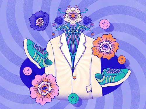 Suit filled with flowers and floating sneakers with smiley faces