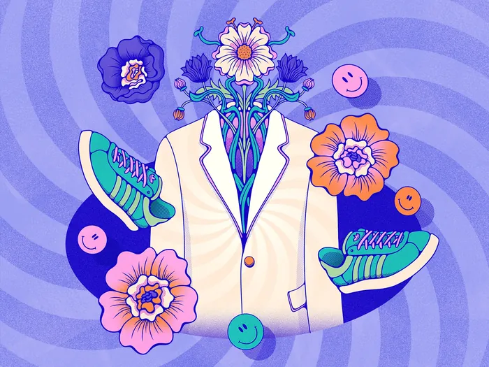 Suit filled with flowers and floating sneakers with smiley faces