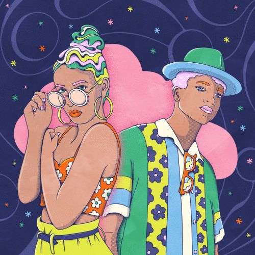 Young couple with bright clothing and accessories under stars