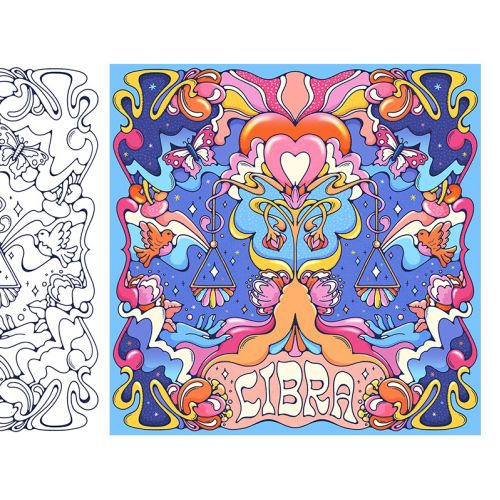 Three stages of colorful psychedelic heart and nature illustration