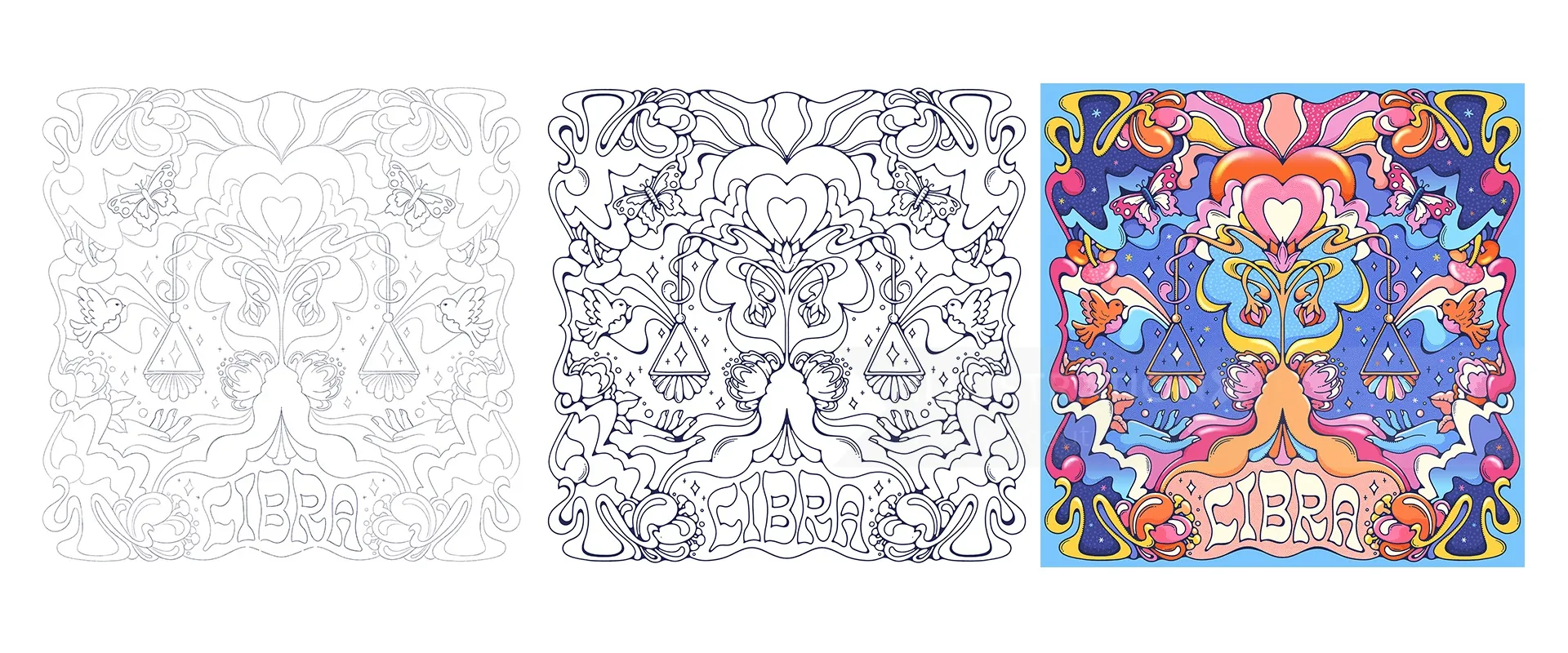Three stages of colorful psychedelic heart and nature illustration