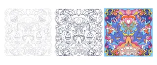 Three stages of colorful psychedelic heart and nature illustration