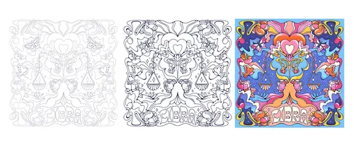 Three stages of colorful psychedelic heart and nature illustration