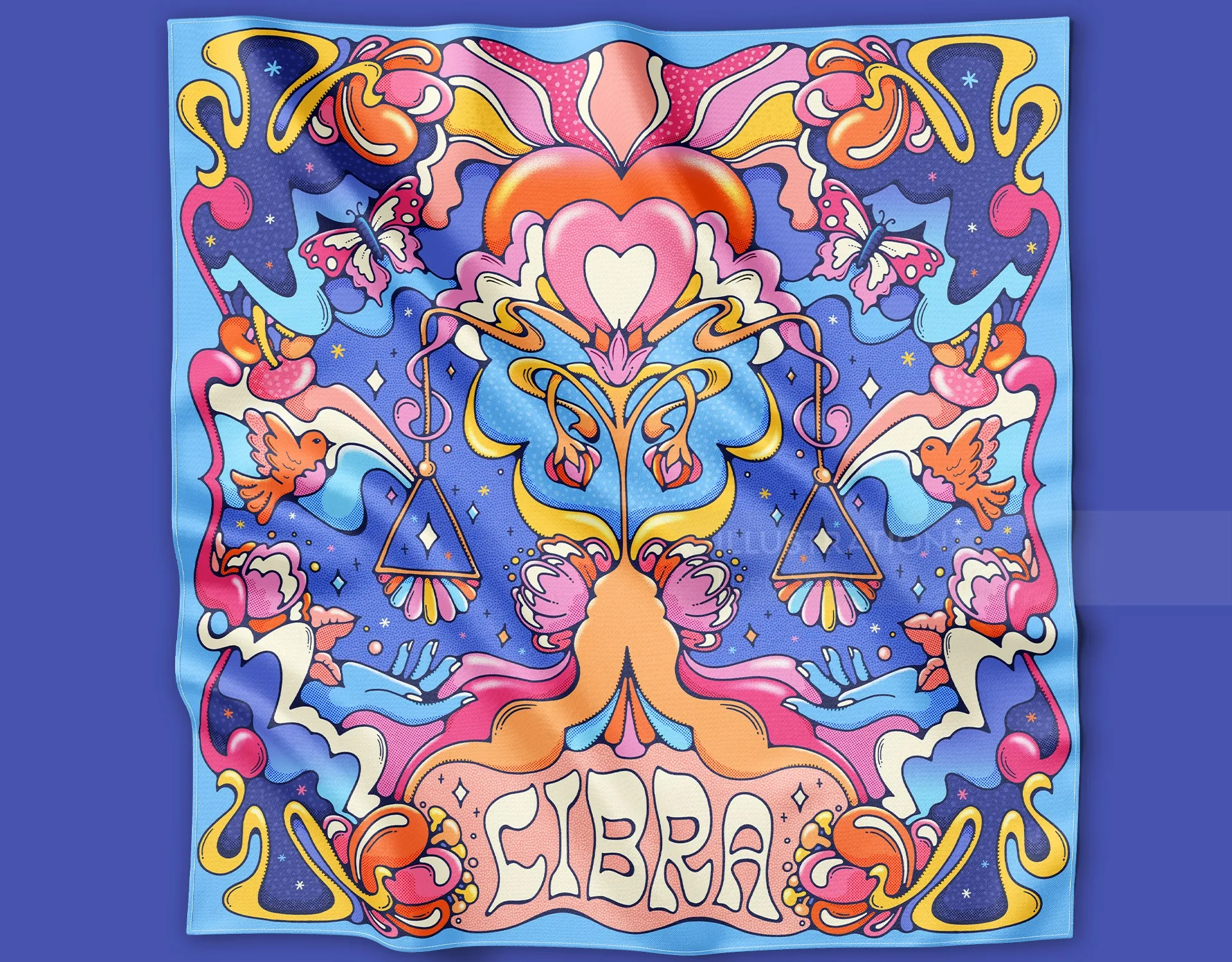 Vibrant Libra zodiac illustration with symmetrical scales and colorful swirls