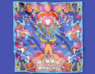 Vibrant Libra zodiac illustration with symmetrical scales and colorful swirls