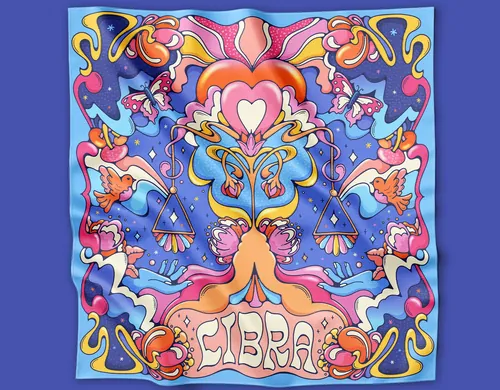Vibrant Libra zodiac illustration with symmetrical scales and colorful swirls
