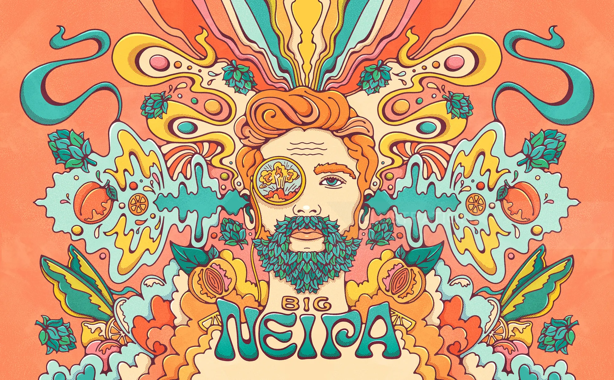 Colorful psychedelic artwork of bearded man with abstract gardens and sound wave patterns