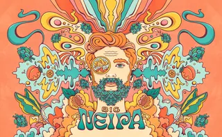 Colorful psychedelic artwork of bearded man with abstract gardens and sound wave patterns