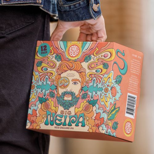 Hand holding vibrant Big NELPA New England IPA 12-pack beer box