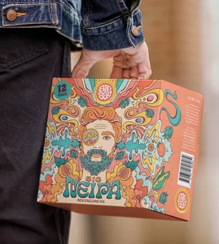 Hand holding vibrant Big NELPA New England IPA 12-pack beer box