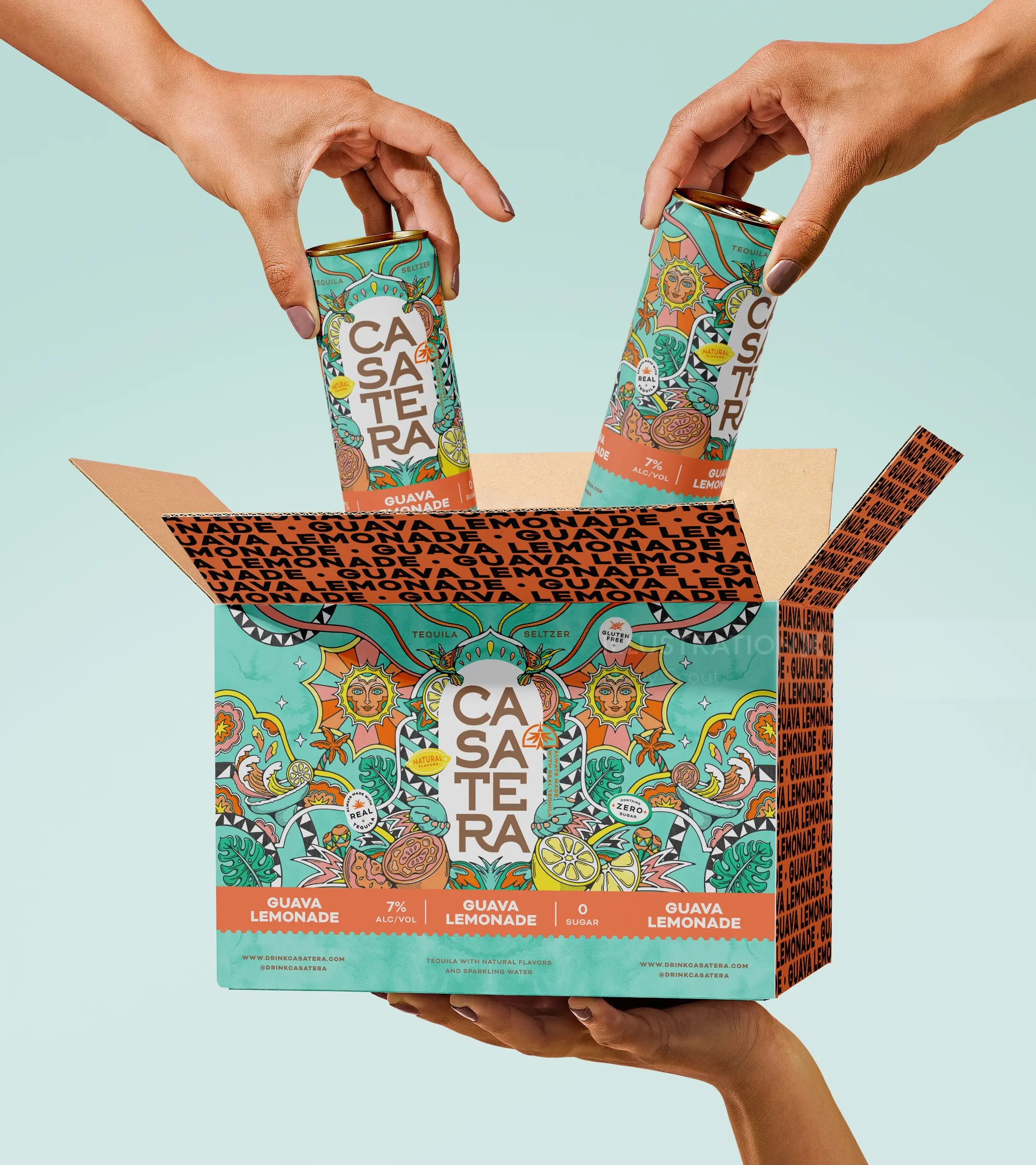 Hands placing Casa Tera guava lemonade cartons into box