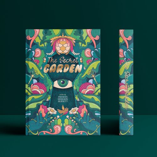The Secret Garden book cover with vivid floral and eye design