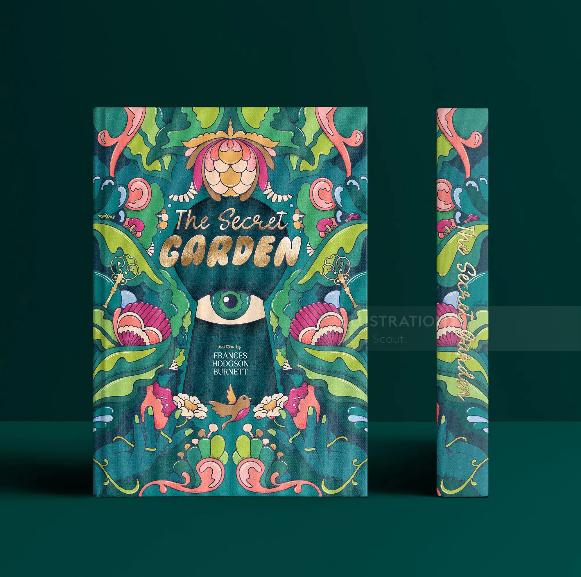 The Secret Garden book cover with vivid floral and eye design